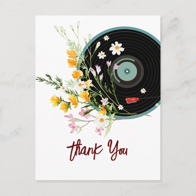 Vinylskiva, gammaldags rustik musik, blommor, vykort (Framsida)