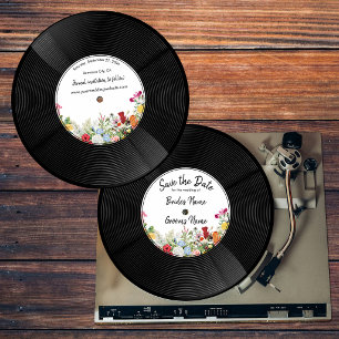 Vinylskiva med blomsterträdgård Vintage Bröllop Inbjudningar