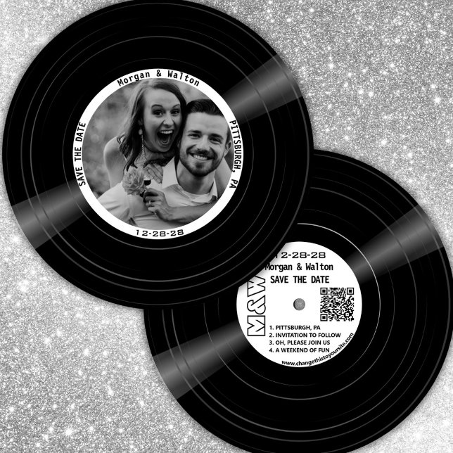 Vinylskiva Monogram och Foto - Vit Spara Datumet (Round vinyl record style photo save the date with QR code)