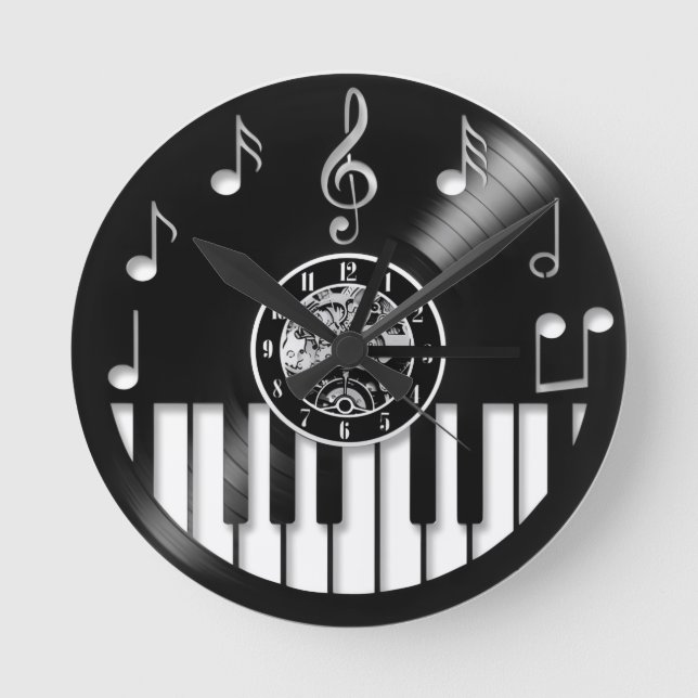 Vinylskiva piano och musikelement rund klocka (Framsida)