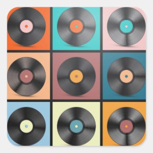 Vinylskivor: retro LP-uppsättning. Fyrkantigt Klistermärke