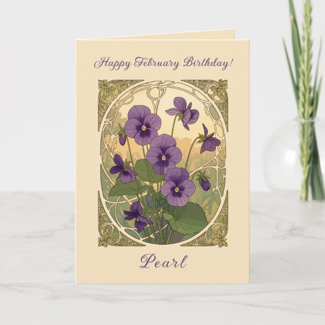 Viola blommor Februari Födelsedag Art Nouveau stil Kort (Framsida)