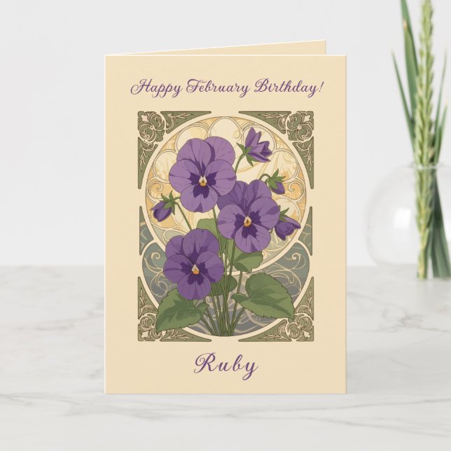Viola februari födelsedagsblommor i Art Nouveau-st Kort (Framsida)