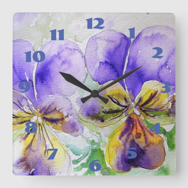 Viola lila penséer Vattenfärg Pansy Blomma  Fyrkantig Klocka (Framsida)
