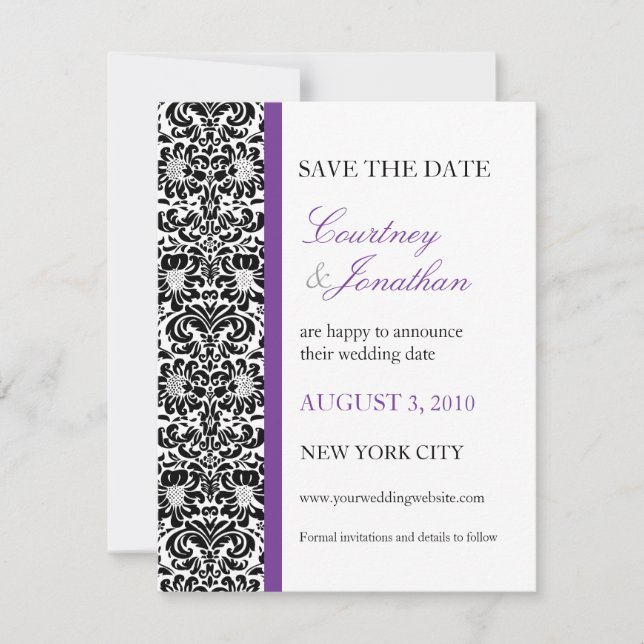 Violet Accented Damask Save the Date Spara Datumet (Framsida)