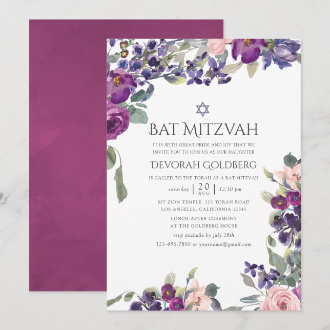 Violet and Plum Blommigt Bat mitzvah Inbjudningar (Fram/baksida)