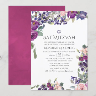 Violet and Plum Blommigt Bat mitzvah Inbjudningar