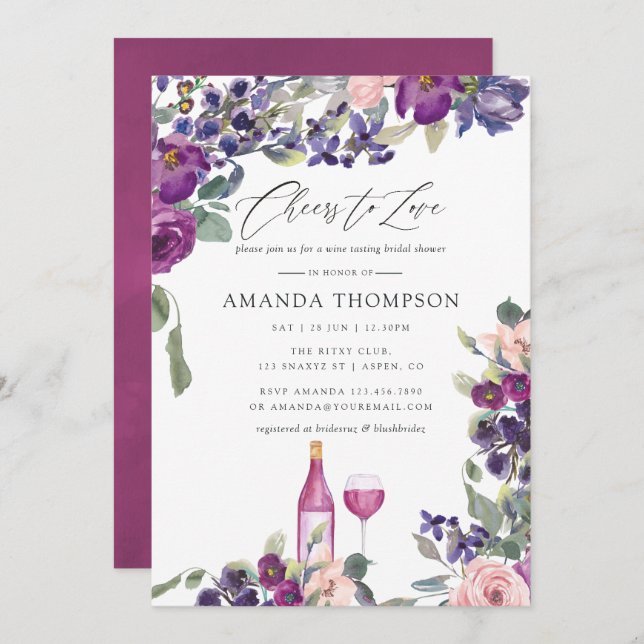 Violet and Plum Blommigt Möhippa Vin Tasting Inbjudningar (Fram/baksida)