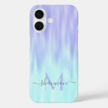 Violet Aqua Blue Pastel Ombre Chic Script Monogram