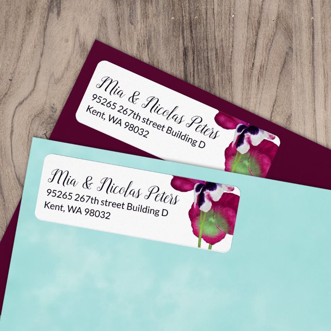 Violet, Berry Rosa Pansy Bröllop Adress Returadress Etikett (magenta pink berry violet pansies flowers wedding invitation address label, mailing return address)