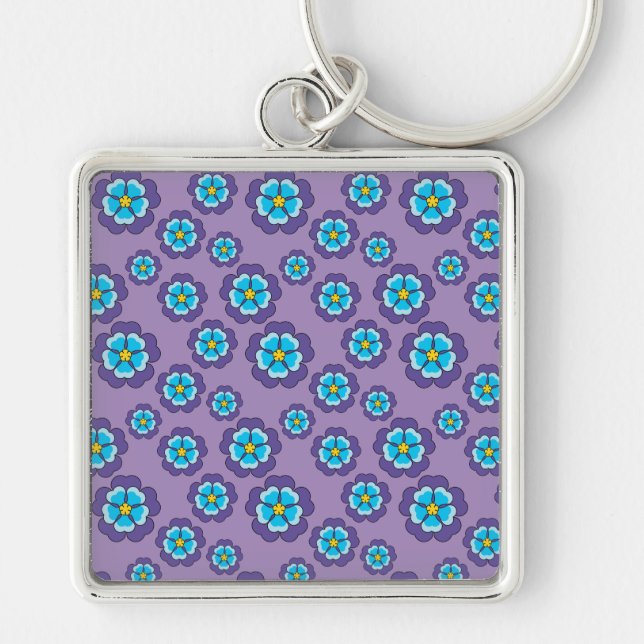 Violet Blåa blommor Mönster Fyrkantig Silverfärgad Nyckelring (Framsidan)