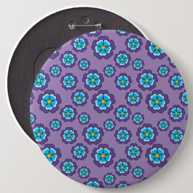 Violet Blåa blommor Mönster Knapp (Framsida & baksida)