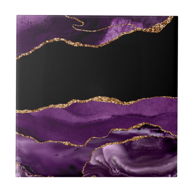 Violet Black Marble Agate Glam Golden Glitter Kakelplatta (Framsidan)