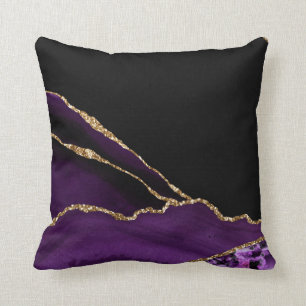 Violet Black Marble Agate Mörk Glamor Golden Kudde