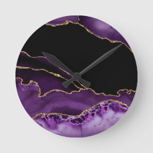 Violet Black Marble Agate Mörk Glamor Golden Rund Klocka