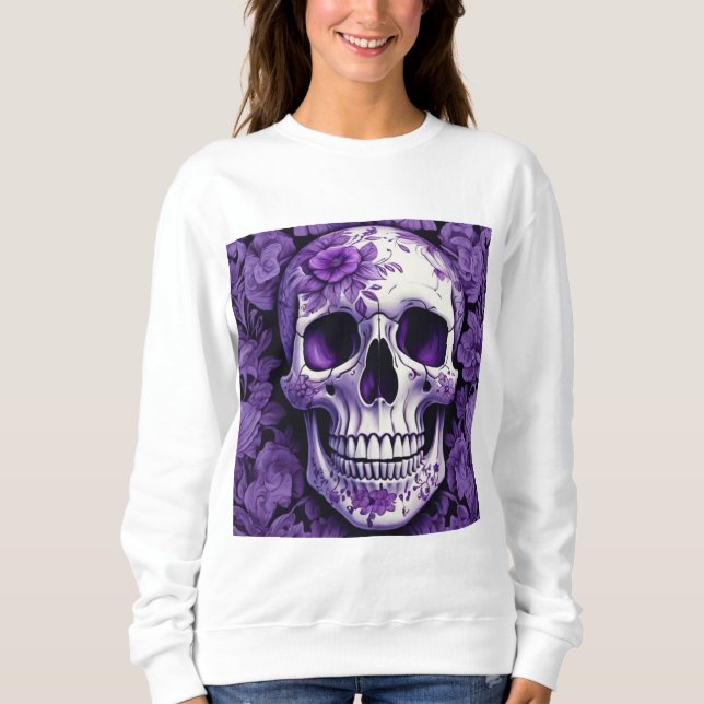 Violet Blommigt 3D Dead Skull med violetta blommor T Shirt (Framsida)