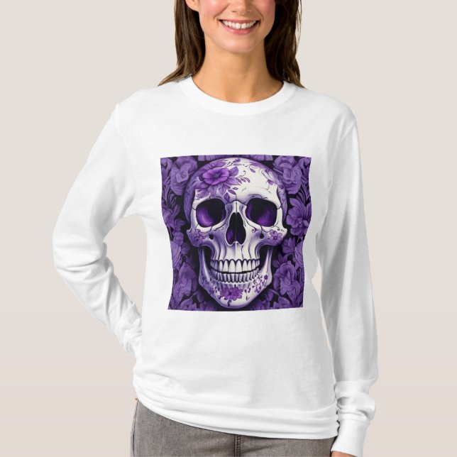 Violet Blommigt 3D Dead Skull med violetta blommor T Shirt (Framsida)