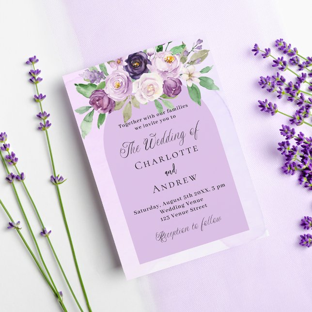Violet blommigt arch lila bröllop inbjudan vykort (Skapare uppladdad)