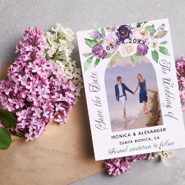 Violet blommigts-foto bröllop spara datum meddelande vykort