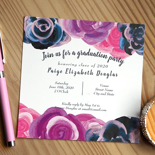 Violet, Blue Botanical Ro Studentfest Inbjudningar (Violet, pink, blue big roses botanical graduation party invitation)