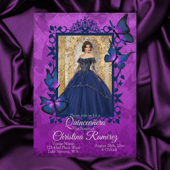 Violet, Blue Butterfly Quinceanera-inbjudan Inbjudningar (Violet and blue quinceanera, blue dress mis quince invitation 15th purple butterfly blue butterflies)