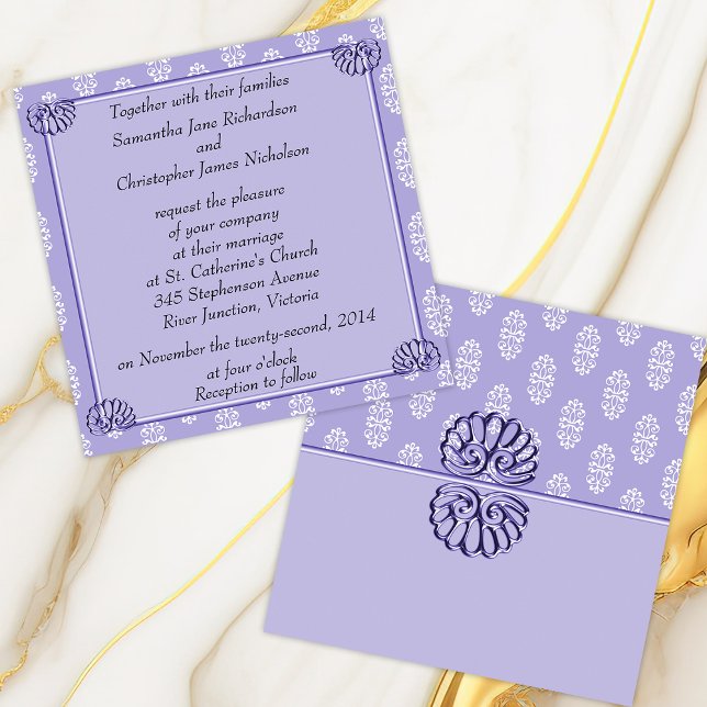 Violet Blue Damask Wedding Inbjudningar (Skapare uppladdad)