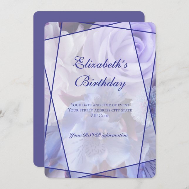Violet Blue Rose Garden Birthday Invitation Card Tack Kort (Fram/baksida)