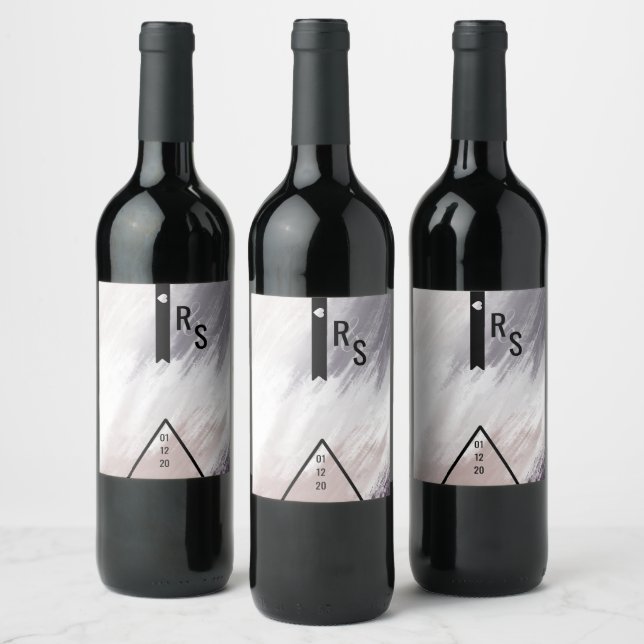 Violet Blush Grå Abstrakt Hjälte Bar Geo Bröllop Vinflaska Etikett (Flaskor)
