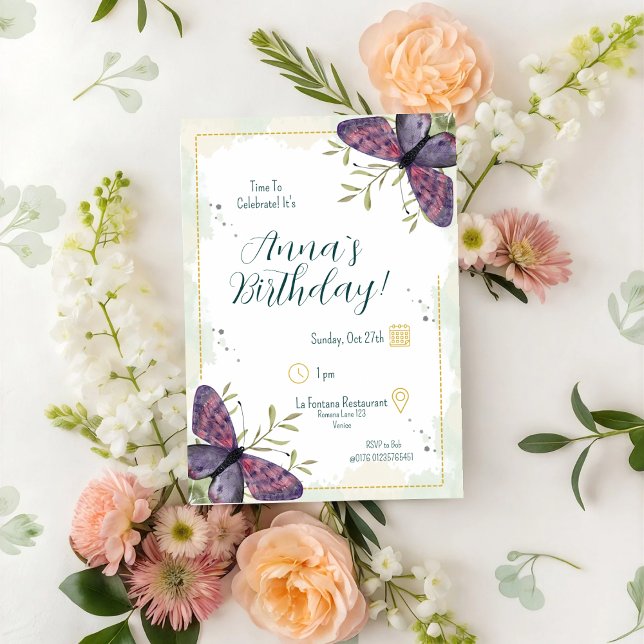 Violet Butterfly Watercolor Birthday Inbjudningar (Skapare uppladdad)
