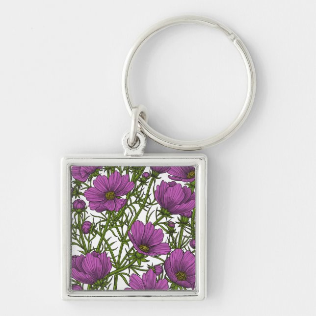 Violet cosmos blommor fyrkantig silverfärgad nyckelring (Framsidan)