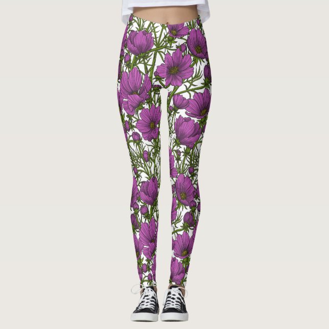Violet cosmos blommor leggings (Framsida)