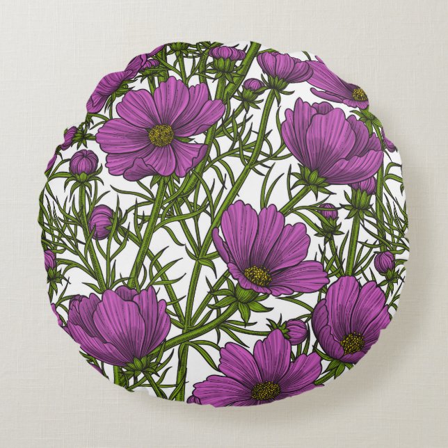 Violet cosmos blommor rund kudde (Framsidan)