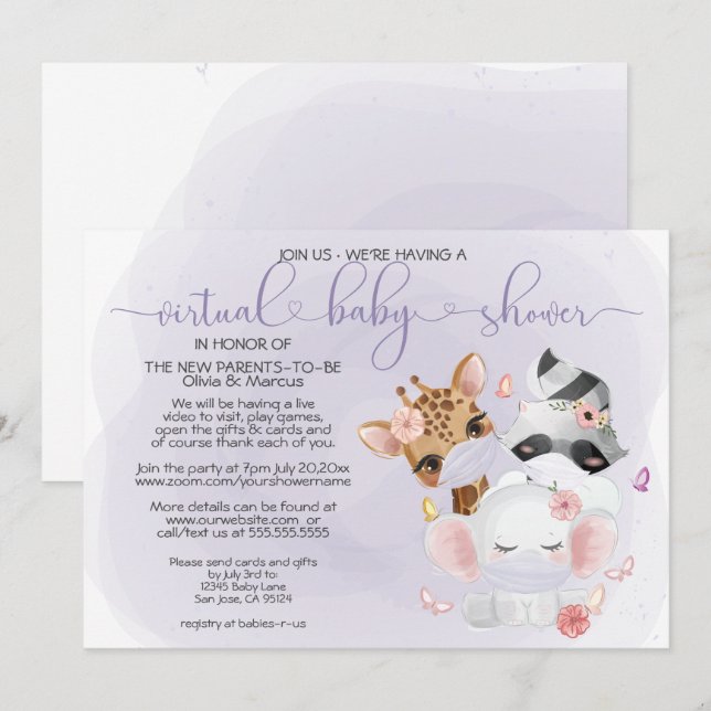 Violet Cute Animals i Virtuell babyskabb för masko Inbjudningar (Fram/baksida)
