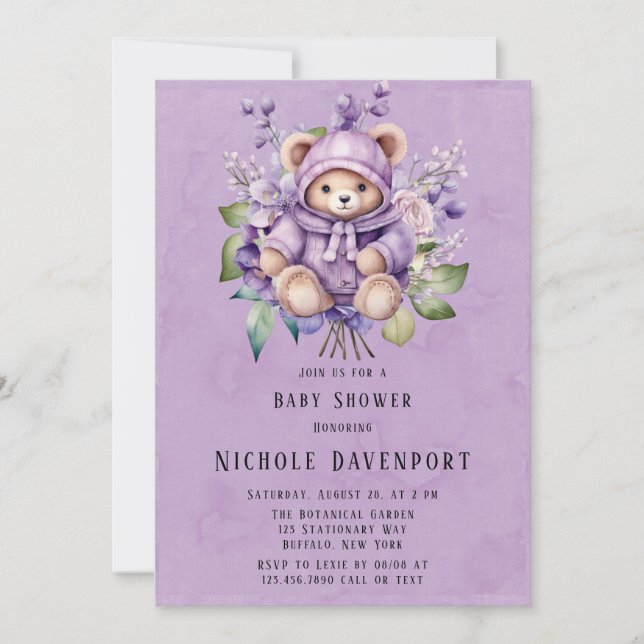 Violet Cute Nalle Blommigt Girl Baby Shower Inbjudningar (Framsida)
