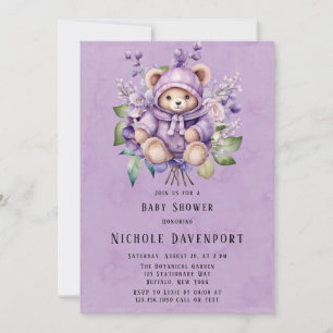 Violet Cute Nalle Blommigt Girl Baby Shower Inbjudningar