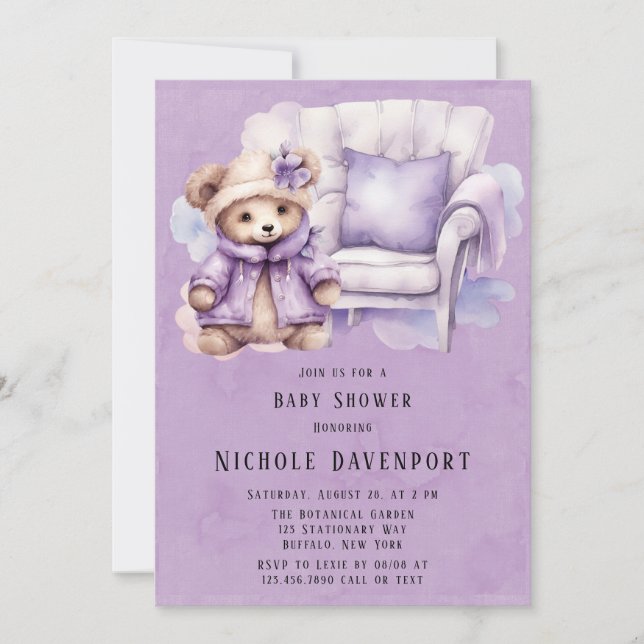 Violet Cute Nalle School Baby Shower Inbjudningar (Framsida)