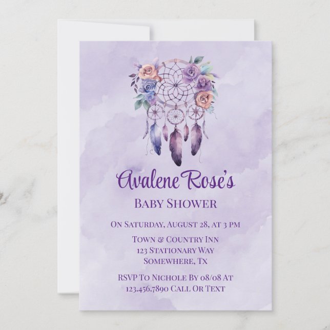 Violet Dreamcatcher och Flowers Girl Baby Shower Inbjudningar (Framsida)