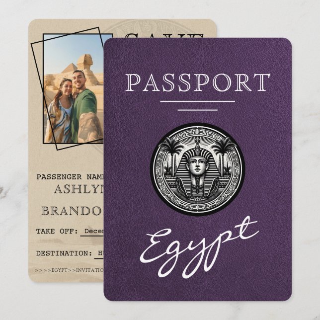 Violet Egypt Passport Wedding Save the Date Spara Datumet (Fram/baksida)