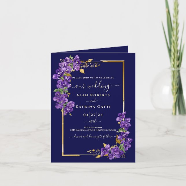 Violet Floral Gold Frame Elegant Folded Invitation Inbjudan (Framsida)