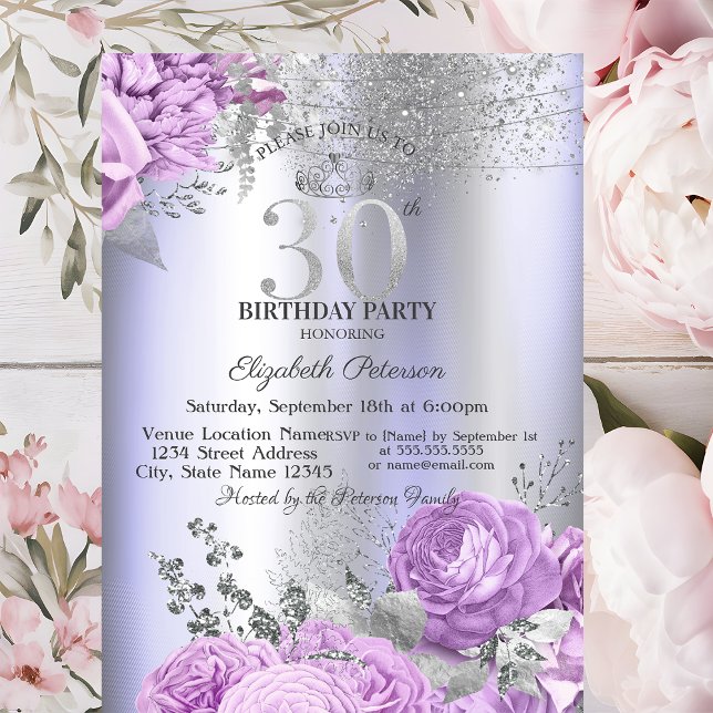 Violet Flowers Glitter Lilac 30th Birthday   Inbjudningar (Skapare uppladdad)