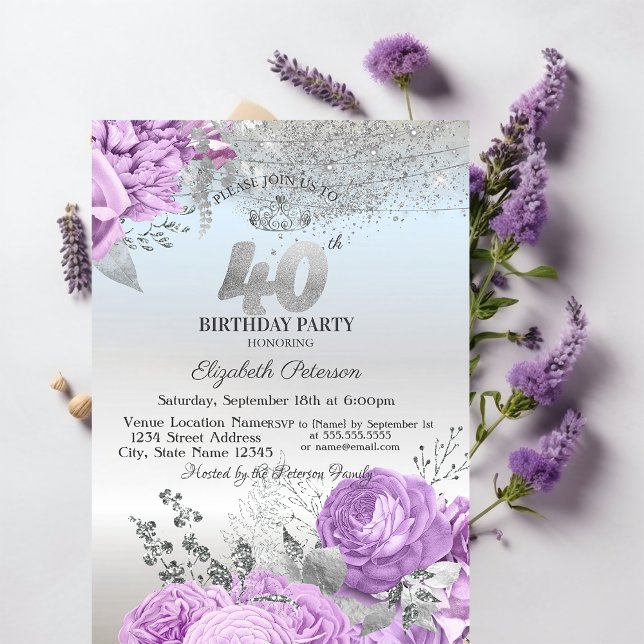 Violet Flowers Glitter Silver 40th Birthday   Inbjudningar (Skapare uppladdad)