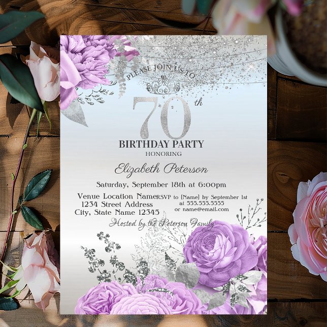 Violet Flowers Glitter Silver 70th Birthday   Inbjudningar (Skapare uppladdad)