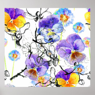 Violet Flowers Watercolor Vintage Mönster Poster