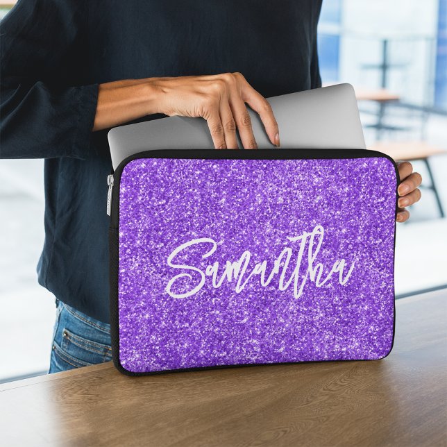 Violet Glitter Brush Script Namn Laptop Fodral (Skapare uppladdad)
