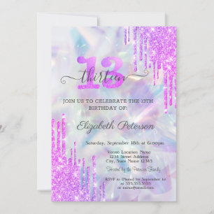 Violet Glitter Drips Holografisk 13-årsdag Inbjudningar