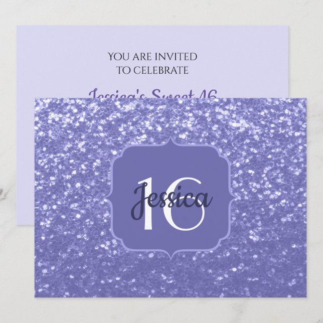 Violet glitter gnistra Sweet 16 Monogram Inbjudningar (Fram/baksida)