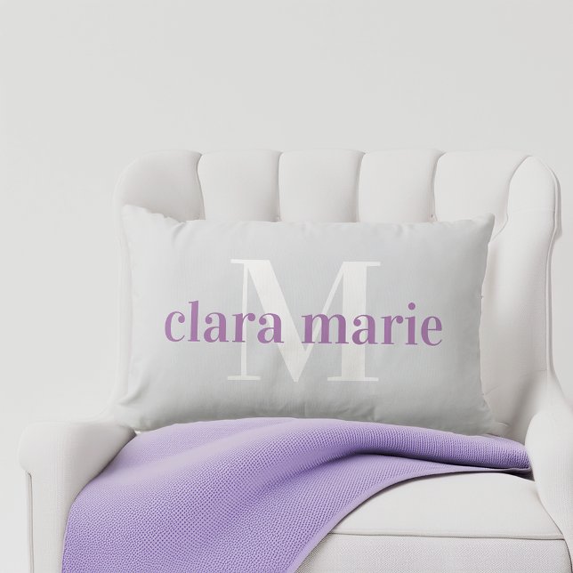 Violet & Grått | Namn och Monogram Nursery Lumbarkudde (Skapare uppladdad)