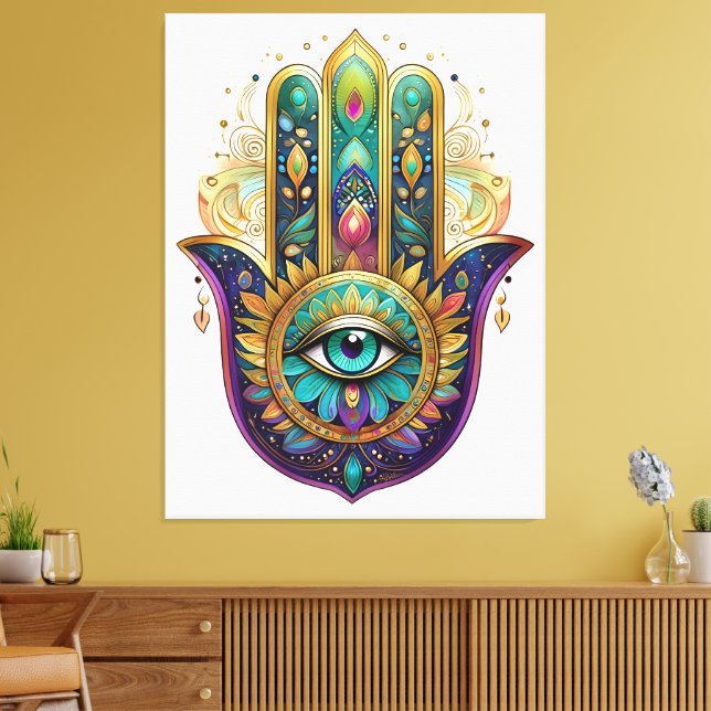 Violet Green Gold Petals Hamsa Turquoise Third Eye Canvastryck (Insitu (Vardagsrum))