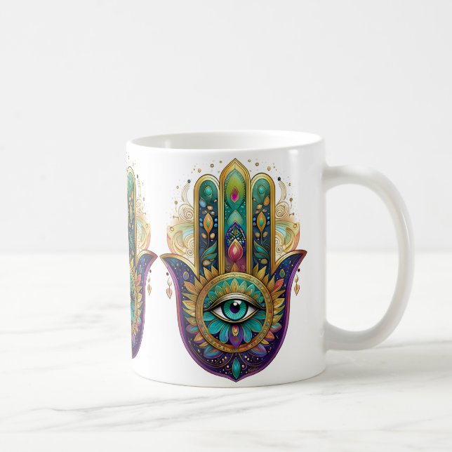 Violet Green Gold Petals Hamsa Turquoise Third Eye Kaffemugg (Höger)
