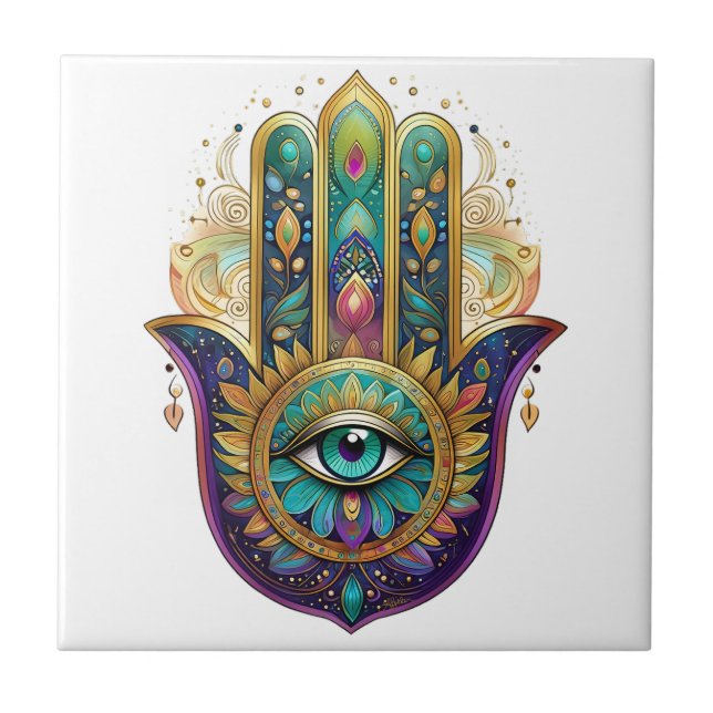 Violet Green Gold Petals Hamsa Turquoise Third Eye Kakelplatta (Framsidan)